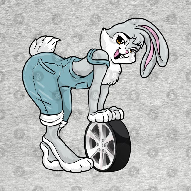 Rabbit as car mechanic with tires by Markus Schnabel